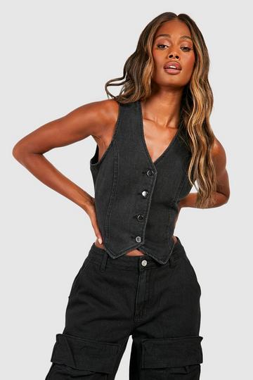 Longline Denim Waistcoat washed black